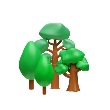 Escena forestal estilizada. Ilustración vectorial 3D de un grupo de árboles caricaturescos con frondosos toldos verdes y troncos marrones, ideales para temas ambientales.