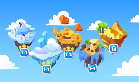 Niveles de juego aventura. Ilustración vectorial de islas flotantes con diferentes biomas para el diseño de juegos de plataformas.