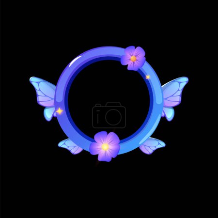 Mystische Blumenring-Ikone. Vektor-Illustration eines blauen Avatarrahmens mit Schmetterlingsflügeln und blühenden Blumen für die Spieloberfläche.