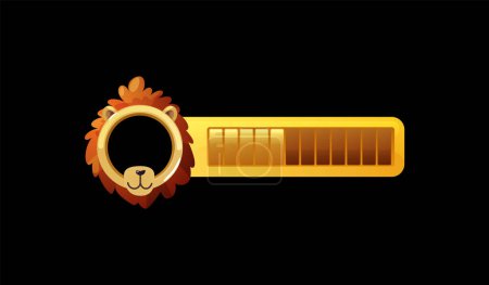 Majestic lion avatar with progress bar. Vector illustration of a golden lion icon and level indicator for gaming achievements and status.