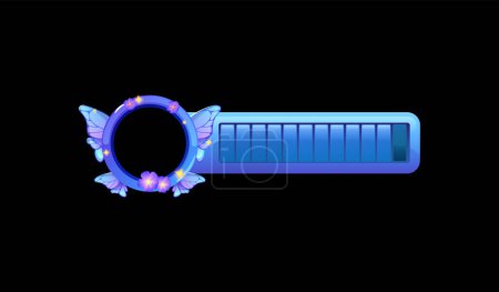 Illustration for Magical progress tracker and avatar. Vector illustration of a fantasy-themed blue ring with wings and a progress bar for game level status. - Royalty Free Image