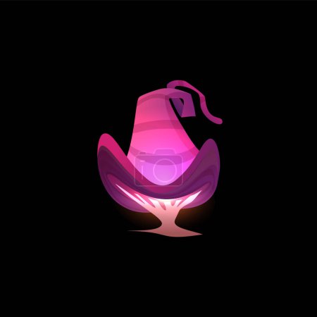 A magical neon glow emanates from a stylized game mushroom with a wizards hat. Vector illustration ideal for fantasy and gaming themes.