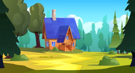 Wooden house with chimney in summer forest. Country cottage on nature landscape, rural building. Cartoon ecological village or camp lodge among the trees vector illustration