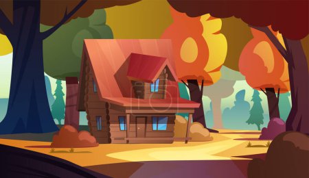 Herbst-Vektorillustration einer Holzhütte, umgeben von bunten Bäumen, perfekt für saisonale Spielsituationen oder Story-Hintergründe.
