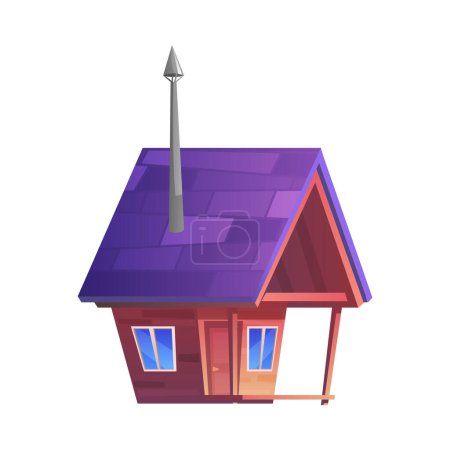 Nettes Holzhaus mit lila Dach und langem Rohr flachen Stil, Vektorillustration isoliert auf weißem Hintergrund. Dekoratives Gestaltungselement für Spiele, Bauen, Märchen