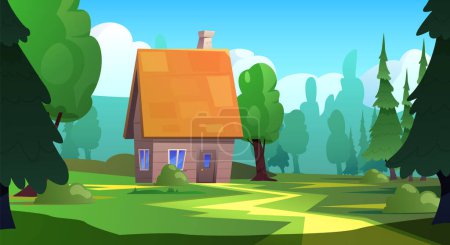 Jolie maison en bois avec toit haut debout sur la pelouse à la forêt de style plat, illustration vectorielle. Décoratif pour jeux, design d'interface, bâtiment et nature