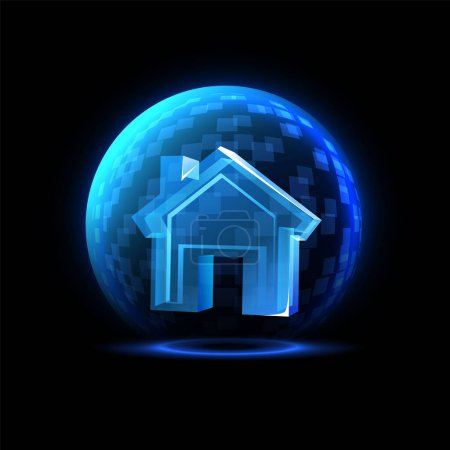 Bouclier sphérique bleu brillant avec illustration vectorielle intérieure de la maison. Barrière de dôme technologie numérique. Lumineuse protection abstraite des habitations. Coque de globe de défense de champ de force, écran de garde grille