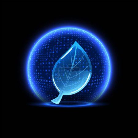 Glowing blue sphere shield with leaf inside vector illustration. Dome barrier technology. Luminous abstract ecology protection. Force field defense globe shell, grid screen guard
