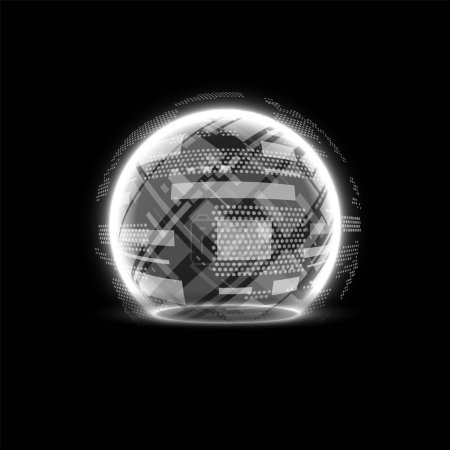 Glowing sphere white shield vector illustration. 3D dome barrier digital technology. Luminous abstract energy protection geometric hemisphere. Force field defense globe shell, cyberspace grid screen