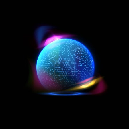 Glowing blue sphere shield with rainbow light flare vector illustration. Luminous abstract energy protection, force field defense globe shell. Dome barrier digital technology