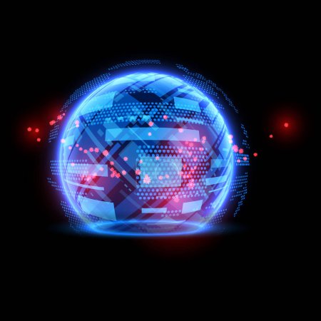 Glowing blue sphere shield with red sparkles vector illustration. Luminous abstract energy protection hemisphere. Dome barrier digital technology. Force field defense globe shell