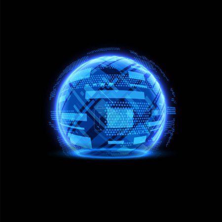 Illustration vectorielle de bouclier sphérique bleu brillant. Technologie de barrière de dôme. Lumineux hémisphère abstrait de protection de l'énergie. Bouclier terrestre de défense de force. Écran de grille de force de bulle lumineuse dans le cyberespace