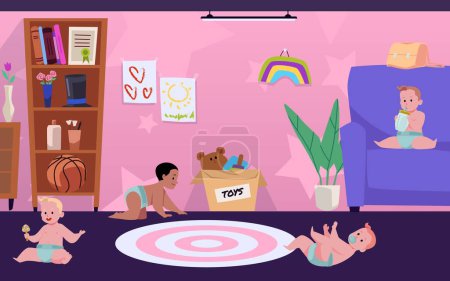 Illustration for Vector illustration of a childrens room with cheerful children in diapers. Little babies crawl, sit and lie and feel safe and dry thanks to diapers. Ideal for child care and development concepts. - Royalty Free Image