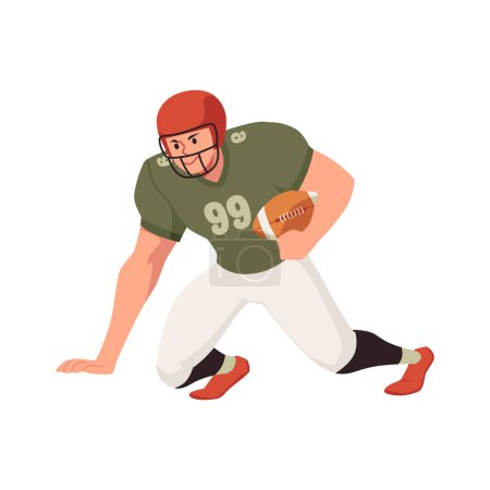 American college football player bent down with ball vector illustration. Cartoon athlete male character number 99 in uniform and protective helmet playing rugby in action isolated on white