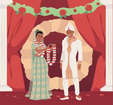 Illustration for Indian wedding couple standing together, bride holding a wreath of flowers. Vector illustration of engagement. Marriage ceremony with bride and groom - Royalty Free Image