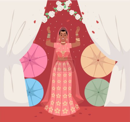 Beautiful Indian happy bride in traditional Indian wedding outfits and jewelry greets with hands up. Cartoon romantic woman engagement portrait. Marriage interior vector illustration