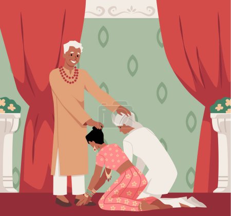 Téléchargez les illustrations : Couple de mariage indien agenouillé, père bénissant rituel. Les mariés demandent la bénédiction de la famille pour leurs fiançailles. Illustration vectorielle de l'intérieur de la maison indienne avec rideau rouge et pots de fleurs - en licence libre de droit