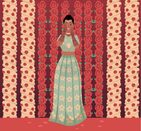 Beautiful happy Indian bride in traditional Indian wedding outfits and jewelry hands up. Cartoon romantic woman engagement portrait on flowers wall. Marriage vector illustration