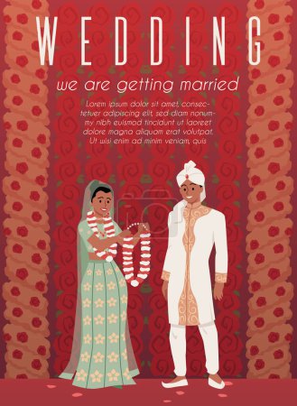 Illustration for Indian wedding couple standing together, bride holding a wreath of flowers. Marriage invitation card with bride and groom. Vector engagement illustration. Romantic announcement poster - Royalty Free Image
