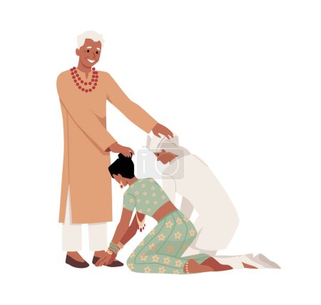 Traditional Indian wedding scene. A flat design vector of a couple receiving blessings from their elders, reflecting the essence of cultural ceremonies.