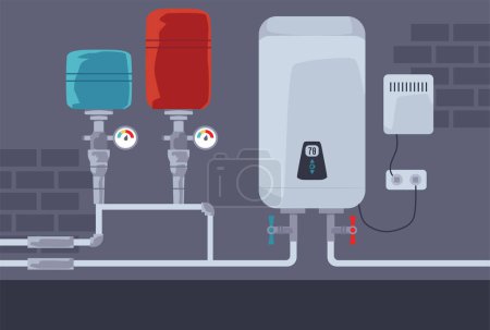 Heating system with boiler, pump, expansion tank and pipes vector illustration. House electric warming cold aqua equipment with white tank. Smart system with temperature regulator on the wall