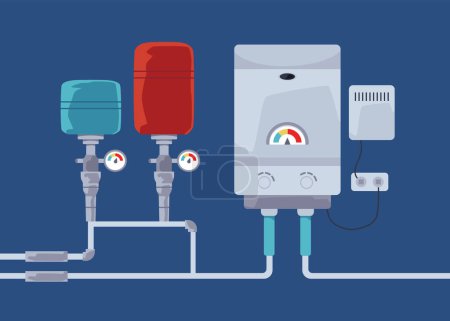 Heating system with boiler, pump, expansion tank and pipes vector illustration. House electric heating cold aqua equipment with white tank. Smart system of combi heating with temperature regulator