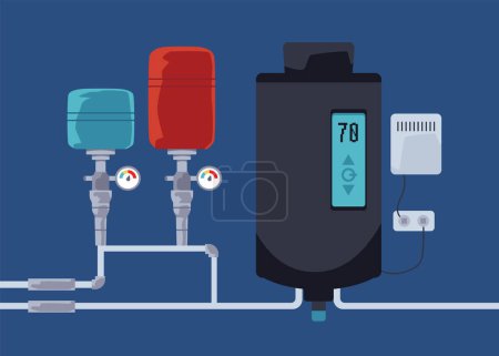 Heating system with boiler, pump, expansion tank and pipes vector illustration. House electric heating cold aqua equipment with black tank. Smart system with temperature indicator display