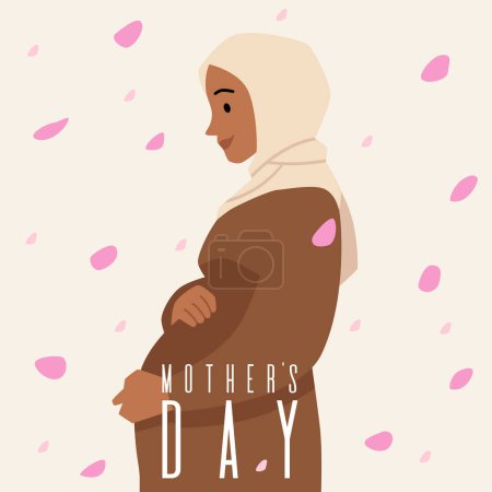 Illustration einer schwangeren Frau, die einen Hijab trägt und mütterliche Anmut repräsentiert. Flaches Design einer Figur, die die Geburt eines Babys erwartet, ideal für Flyer oder Karten mit Textbereich.
