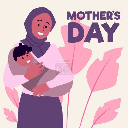 Maternidad en el hiyab. Imagen vectorial tierna de una madre musulmana con su hijo sobre un fondo de hojas rosadas. Ilustración plana para carteles o tarjetas del Día de las Madres con espacio de texto.