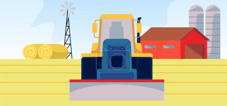 Illustration for Agriculture and farming vector illustration. Cartoon bulldozer tractor, grader on rural landscape. Cultivation farm machinery working in the field. Farm barn and haystacks - Royalty Free Image