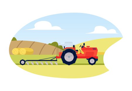 Agriculture and farming vector illustration. Cartoon red tractor with plow on rural landscape. Cultivation farm machinery working in the field. Yellow meadow hills and haystacks in decorative frame