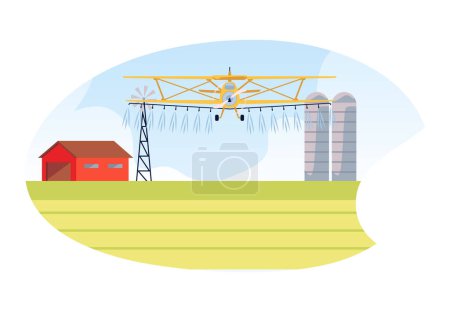 Aéronefs agricoles en action sur les cultures. L'illustration vectorielle plate représente la pulvérisation des cultures, la lutte antiparasitaire, l'entretien des terres agricoles. Idéal pour le matériel éducatif.