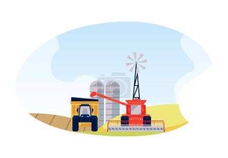 Illustration for Agricultural machinery in action. Flat vector sticker of a farm scene with a tractor and a combine harvester working on a field for harvesting. Isolated design for graphics. - Royalty Free Image