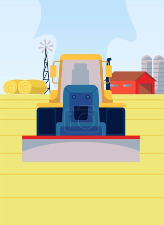 Agriculture and farming vector illustration. Cartoon yellow bulldozer, grader tractor on rural landscape. Cultivation farm machinery working in the field. Farm barn and haystacks