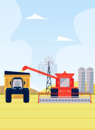 Agricultural machinery, industrial machines collecting crops on rural landscape. Combine harvester and farm tractor with trailer at work in the field. Vector cartoon illustration