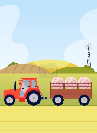 Red tractor with trailer filled with haystacks. Harvesting farm machinery on rural landscape. Industrial vehicle tractor for transportation in the field. Agriculture and farming vector illustration
