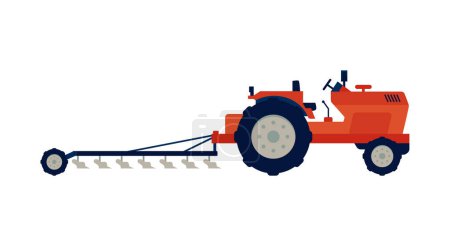 Cartoon red tractor with plow. Cultivation farm machinery. Industrial vehicle tractor for plowing a field and tillage. Agriculture and farming vector illustration isolated on white background