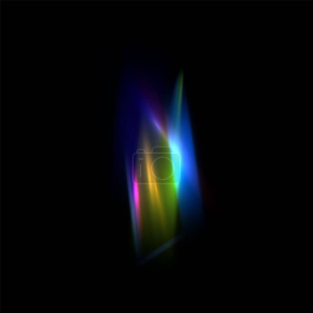 Ilustración vectorial de llamarada de luz arco iris aislada en negro. Efecto de luces ópticas de cristal, reflejo de prisma de llamarada, resplandor iridiscente brillante. Lente refracción colorida. Radiancia de espectro brillante