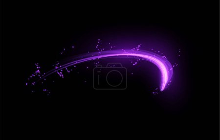 Ilustración de Efecto mágico vectorial del brillo de neón púrpura sobre un fondo negro. Ilustración vectorial de líneas de vórtice semicirculares giratorias, partículas brillantes brillantes en una rotación hipnotizante. - Imagen libre de derechos