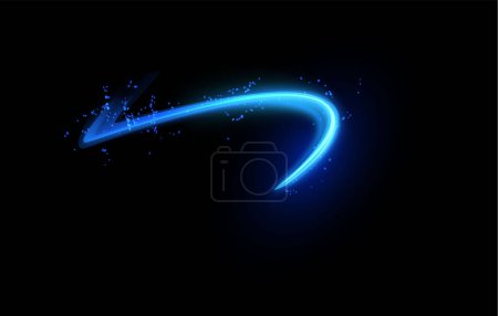 Neon blue swirl trail with glowing particles. Magic light effect of moving energy flow. Realistic 3D magic vortex effect isolated on black. Ideal for mystical themes.