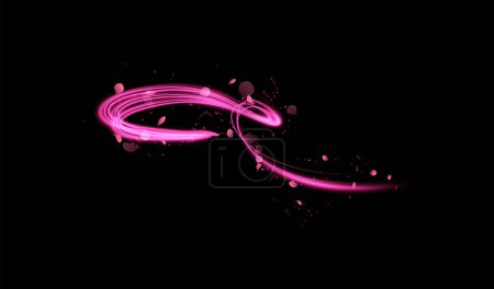 Ilustración de Encantador fondo vectorial con resplandor rosa brillante, líneas de neón y efecto remolino mágico. Un vórtice brillante y polvo de estrellas volador crean una escena de movimiento dinámico. - Imagen libre de derechos