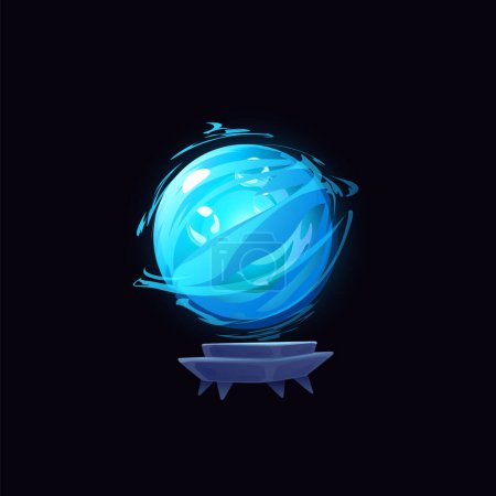 Mystischer Eisball. Leuchtend blaue Kugel auf einem Sockel, Vektor-Darstellung der Spielressourcen. vermittelt die Essenz der Magie, hervorgehoben vor dunklem Hintergrund.