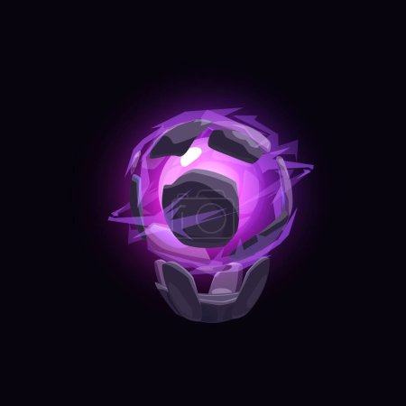 Vektor-Illustration, die eine magische lila Kugel mit Löchern und einem mystischen Leuchten auf einem Sockel darstellt. Ideal für Fantasy-Spieldesign-Elemente auf isoliertem schwarzem Hintergrund.