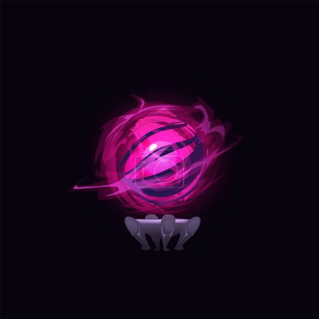 Mysteriöse Vektorillustration einer rosafarbenen Zauberkugel, die auf einem Stativ gezeigt wird. Ideal für Gaming-Interfaces, die magische Kugel strahlt ein mystisches Leuchten vor schwarzem Hintergrund aus.