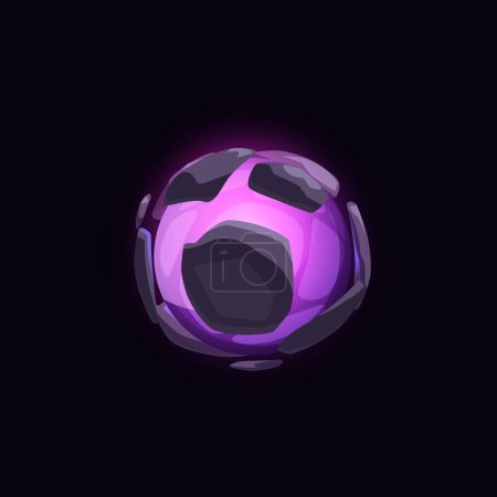 Illustration vectorielle d'une boule magique d'énergie violette. L'élément design est une sphère avec des trous, idéal pour la conception de jeux. Boule mystique sur fond noir isolé.