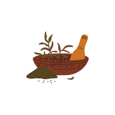 Illustration for Mortar and pestle with herbs flat icon. Organic cosmetics, aroma therapy. Herbal medicine and homeopathy healthcare. Cartoon magic potion, alchemy vector illustration isolated on white - Royalty Free Image