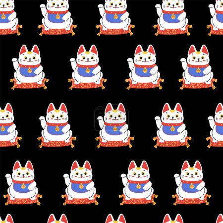 Nahtloses Muster mit der japanischen Maneki Neko. Das Glückskatze-Reichtum-Symbol. Cartoon-Kätzchen sitzt auf einem hochgezogenen Kissen. Große Vermögen Zeichen in der östlichen Kultur, Feng Shui. Vektorabbildung auf Schwarz