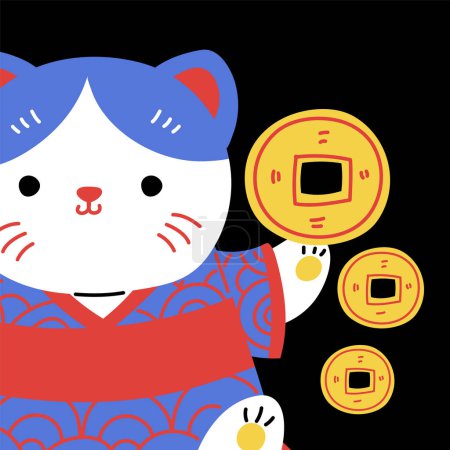 Japanese lucky cat maneki neko figurine vector illustration. Cartoon cute oriental feline figure holding coban coin with kanji meaning richness. Traditional Asian Feng Shui symbol on black background