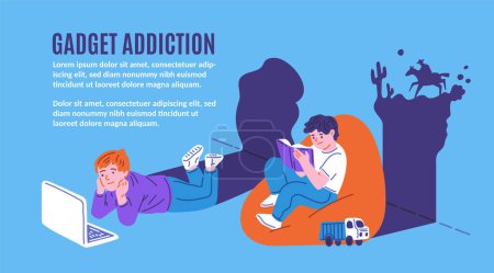 Conceptual vector illustration set of children engrossed in gadgets with imaginative shadows symbolizing addiction.