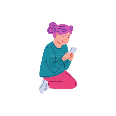Illustration for A child captivated by a smartphone. Vector illustration of a young girl with a phone, focusing intently on the screen. - Royalty Free Image